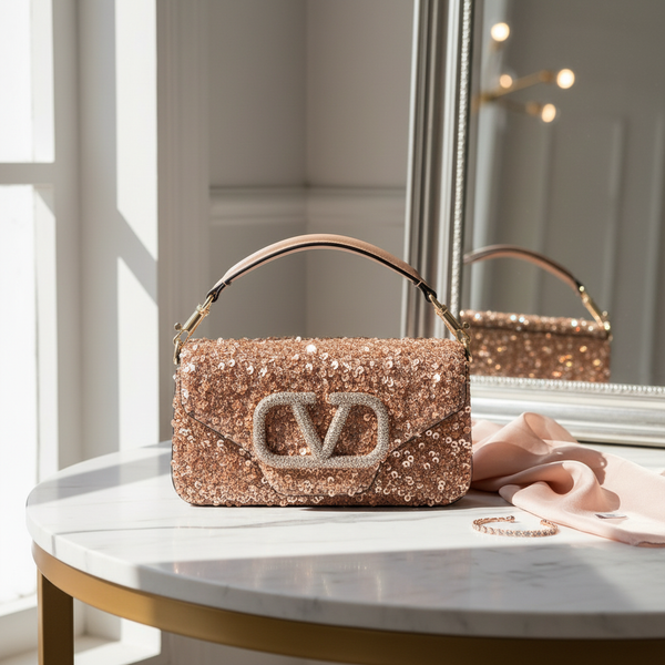 Garavani Small Locò Shoulder Bag – Rose Gold Sequins